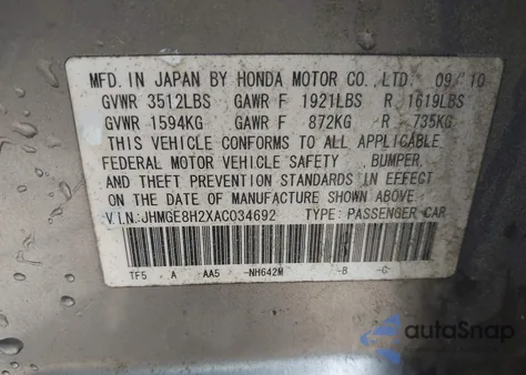 2010 Honda Fit from USA, damaged, VIN JHMGE8H2XAC034692